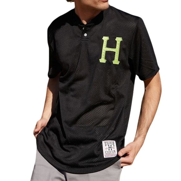 HUF Men's Bronx Henley Black Mesh Short Sleeve Baseball Jersey Shirt | Small - Picture 1 of 14